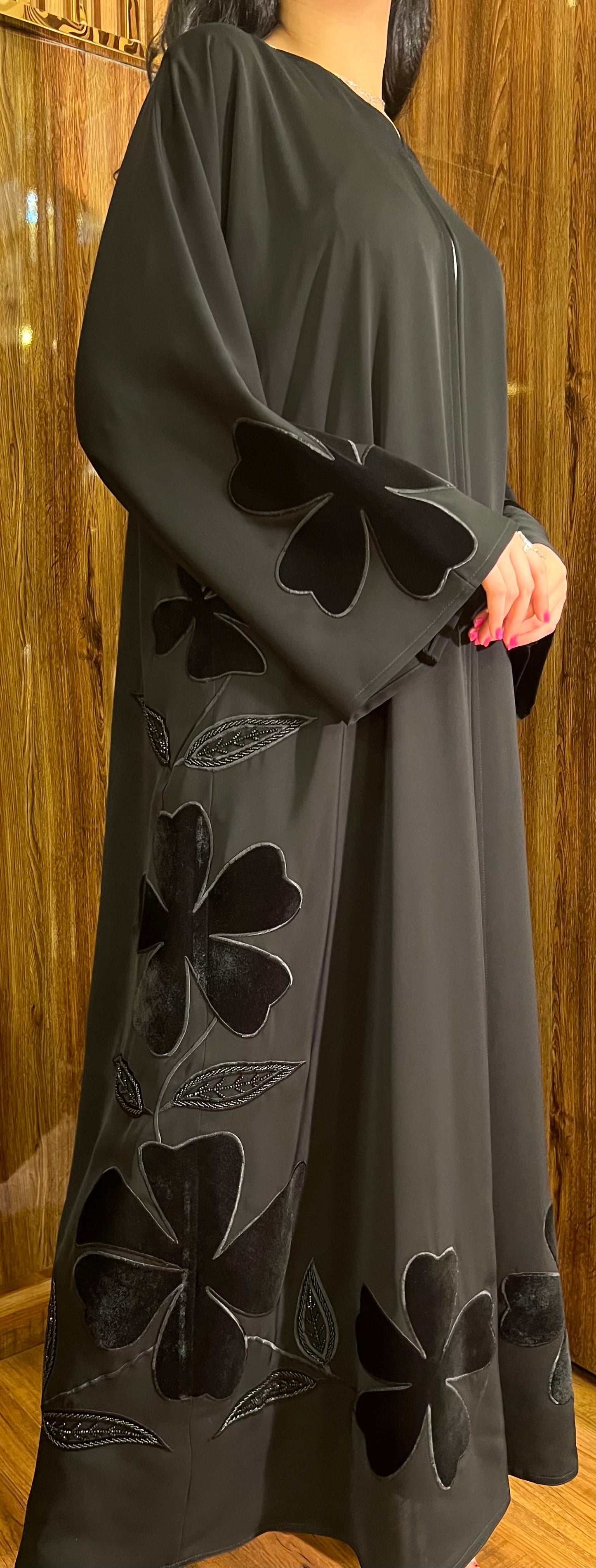 Elegant and timeless black abaya crafted with premium fabric for comfort and style. Features unique design details for a modern modest look, perfect for any occasion